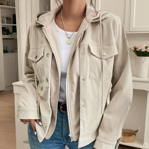 Apricot Casual Women's Flap Pocket Drop Shoulder Drawstring Hooded Jacket - Picture 4 of 6